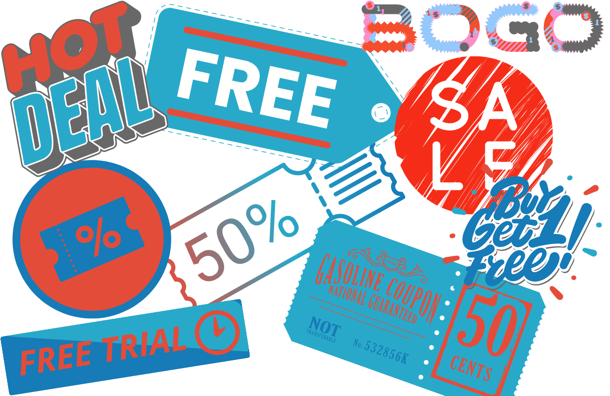array of coupons, discounts, free trials, BOGO